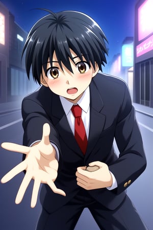 HD, 8k, highres, mantialiasing, Highly detailed, High Quality, masterpiece, beautiful, source_anime, 
BREAK 1boy, solo, young man, 16 years old, itou makoto, black hair, Brown eyes, short hair, :o, surprise face, Open mouth, blushing,
BREAK school uniform, shirt, pants, black jacket, red tie, black pants, 
BREAK ((outside on the street in a night city:1.5)) ,
BREAK Front view, standing, Upper body, head down, hand reaching towards viewer, perfect hand,