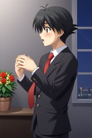 HD, 8k, highres, mantialiasing, Highly detailed, High Quality, masterpiece, beautiful, source_anime, 
BREAK 1boy, solo, young man, 16 years old, itou makoto, black hair, Brown eyes, short hair, :o, surprise face, Open mouth, blushing,
BREAK school uniform, shirt, pants, black jacket, red tie, black pants, 
BREAK inside a living room, flower pots, windows, night,
BREAK side view, standing, Upper body, head down, hands up, 