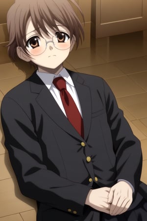 HD, 8k, highres, mantialiasing, Highly detailed, High Quality, masterpiece, beautiful, source_anime, 
BREAK 1boy, solo, male focus, 16 years old, yuuki ashikaga, brown hair, brown eyes, short hair, glasses, 
BREAK mosaic floor, 
BREAK school uniform, shirt, pants, black jacket, red tie
BREAK ((lying on the floor)), blush, ((suprised look)), upper_body, 