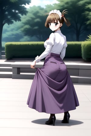 Highly detailed, High Quality, masterpiece, beautiful, 1girl, solo, (feminine focus, young woman, 16 years old), hikari kuroda, bangs, brown hair, hair ornament, twintails, green eyes, hair bobbles, hair rings, medium breasts, Uniform Sweet Ohara, white dress, long sleeves, puffy sleeves, red ascot, ((long skirt, purple skirt)), wrist_cuff, maid headdress, looking_at_viewer, Focus ass, full_body, from_behind,