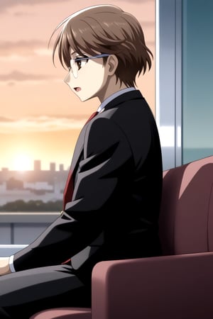 HD, 8k, highres, mantialiasing, Highly detailed, High Quality, masterpiece, beautiful, 
BREAK 1boy, solo, male focus, yuuki ashikaga, brown hair, Brown eyes, ((short hair)), Open mouth, 
BREAK school uniform, shirt, pants, black jacket, red tie, black pants, long pants, glasses,
BREAK interior of a subway, sunset, glass, 
BREAK solo focus, back view, focus face, sitting, look nervious, from SIDE, side head