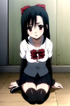 Here is a high-quality, masterpiece prompt based on your input:

Set in a dimly lit indoor classroom setting, Setuna Kiyoura, a young woman of 16 years old with striking red eyes and short, black hair styled with a vibrant red hair bow, lies elegantly on the floor, gazing directly at the viewer with an alluring gaze. Her school uniform is immaculate, featuring a knee-length skirt, thigh-high black boots, and matching shoes. The camera captures her beauty from a low-angle shot, emphasizing her captivating presence.