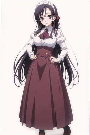  Highly detailed, High Quality, masterpiece, beautiful,
BREAK 1girl, solo, (young woman), (16 old), Black_long_hair, Black_eyes, bangs, breasts, large breasts,
BREAK Uniform Sweet Ohara, skirt, long sleeves, dress, standing, puffy sleeves, red ascot, hands on hips, long skirt, ((purple skirt)), white dress, wrist_cuff, maid headdress, waist-length skirt,
BREAK looking_at_viewer, ((full_body)), sitting, Focus breasts,
 