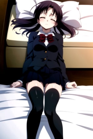 Highly detailed, High Quality, Masterpiece, beautiful,
BREAK 1girl, solo, (young woman), (16 old), roka kitsuregawa, short hair, (closed eyes:1.5), twintails, purple hair, 
BREAK skirt, thighhighs, school uniform, shoes, black thighhighs, zettai ryouiki, bow, red bow, pleated_skirt, black short sleeve jacket, white shirt with long sleeves,
BREAK (bed),
BREAK looking_at_viewer, (lying in bed), (focus waist), 