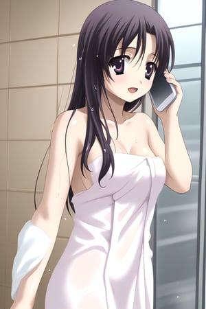 HD, 8k, highres, mantialiasing, Highly detailed, High Quality, masterpiece, beautiful, source_anime, 
BREAK inside a room, Windows, glass, day, 
BREAK 1girl, solo, young woman, 16 years old, kotonoha katsura, purple eyes, black hair, long hair, ((towel, girl covered by towel)), (wet hair, wet body:1.5),
BREAK looking at the viewer, on back, From behind, standing, Open mouth, happy, holding_cellphone,talking on phone 