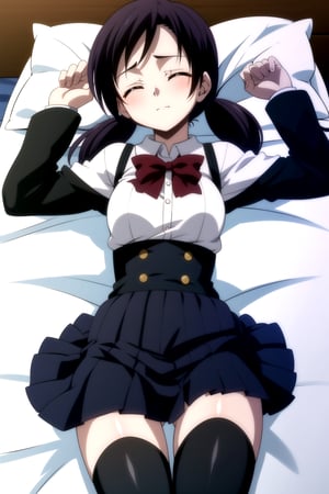 Highly detailed, High Quality, Masterpiece, beautiful,
BREAK 1girl, solo, (young woman), (16 old), roka kitsuregawa, short hair, (closed eyes:1.5), twintails, purple hair, 
BREAK skirt, thighhighs, school uniform, shoes, black thighhighs, zettai ryouiki, bow, red bow, pleated_skirt, (white shirt with long sleeves),
BREAK (bed),
BREAK looking_at_viewer, (lying in bed), (focus waist), closed_mouth,