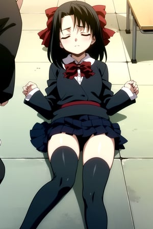 Highly detailed, High Quality, Masterpiece, beautiful,
BREAK 1girl, solo, (young woman), (16 old), setsuna kiyoura, black hair, (closed eyes:1.5), hair bow, red bow, short hair,
BREAK skirt, thighhighs, school uniform, shoes, black thighhighs, zettai ryouiki, bow, red bow, black long sleeve vest,
BREAK (classroom, mosaic floor:1.3),
BREAK looking_at_viewer, (lying, focus waist:1.5),