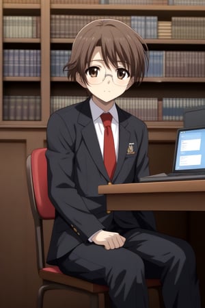 HD, 8k, highres, mantialiasing, Highly detailed, High Quality, masterpiece, beautiful, source_anime, 
BREAK 1boy, solo, male focus, 16 years old, yuuki ashikaga, brown hair, brown eyes, short hair, glasses,
BREAK inside a library, books, bookshelves, computer screen,
BREAK school uniform, shirt, pants, black jacket, red tie
BREAK looking_at_viewer, front view, sitting at the chair, girl sitting on a chair in front of a computer,