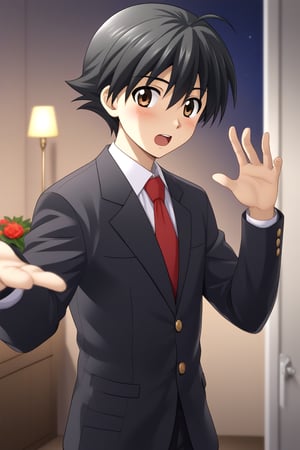 HD, 8k, highres, mantialiasing, Highly detailed, High Quality, masterpiece, beautiful, source_anime, 
BREAK 1boy, solo, young man, 16 years old, itou makoto, black hair, Brown eyes, short hair, :o, surprise face, Open mouth, blushing,
BREAK school uniform, shirt, pants, black jacket, red tie, black pants, 
BREAK inside an apartment, flower pots, windows, ((night)), door,
BREAK side view, standing, Upper body, head down, hands up, reaching towards viewer