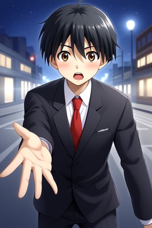 HD, 8k, highres, mantialiasing, Highly detailed, High Quality, masterpiece, beautiful, source_anime, 
BREAK 1boy, solo, young man, 16 years old, itou makoto, black hair, Brown eyes, short hair, :o, surprise face, Open mouth, blushing,
BREAK school uniform, shirt, pants, black jacket, red tie, black pants, 
BREAK ((outside on the street in a night city:1.5)) ,
BREAK Front view, standing, Upper body, head down, reaching towards viewer, perfect hand,