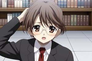 HD, 8k, highres, mantialiasing, Highly detailed, High Quality, masterpiece, beautiful, source_anime, 
BREAK 1boy, solo, male focus, 16 years old, yuuki ashikaga, brown hair, brown eyes, short hair, glasses, 
BREAK mosaic floor, books, bookshelf,
BREAK school uniform, shirt, pants, black jacket, red tie
BREAK ((lying on the ground)), blush, ((suprised look)), :0, Focus waist, open_mouth, upper_body,