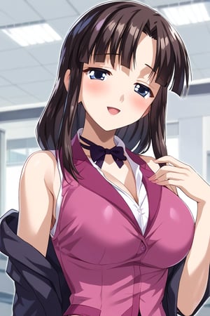 score 9, score 8 up, score 7 up, rating questionable, Office background, youko, large breasts, looking at viewer, happy, blush, half-closed eyes, suit, sleeveless, 