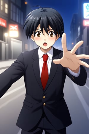 HD, 8k, highres, mantialiasing, Highly detailed, High Quality, masterpiece, beautiful, source_anime, 
BREAK 1boy, solo, young man, 16 years old, itou makoto, black hair, Brown eyes, short hair, :o, surprise face, Open mouth, blushing,
BREAK school uniform, shirt, pants, black jacket, red tie, black pants, 
BREAK ((outside on the street in a night city:1.5)) ,
BREAK Front view, standing, Upper body, head down, hand reaching towards viewer, perfect hand,