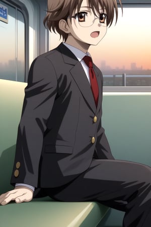 HD, 8k, highres, mantialiasing, Highly detailed, High Quality, masterpiece, beautiful, 
BREAK 1boy, solo, male focus, yuuki ashikaga, brown hair, Brown eyes, ((short hair)), Open mouth, 
BREAK school uniform, shirt, pants, black jacket, red tie, black pants, long pants, glasses,
BREAK interior of a subway, sunset, glass, 
BREAK solo focus, back view, focus face, sitting, look nervious, from SIDE, side head