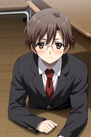 HD, 8k, highres, mantialiasing, Highly detailed, High Quality, masterpiece, beautiful, source_anime, 
BREAK 1boy, solo, male focus, 16 years old, yuuki ashikaga, brown hair, brown eyes, short hair, glasses, 
BREAK mosaic floor, 
BREAK school uniform, shirt, pants, black jacket, red tie
BREAK front view, ((lying on the floor)), thrown chair, blush, supreme