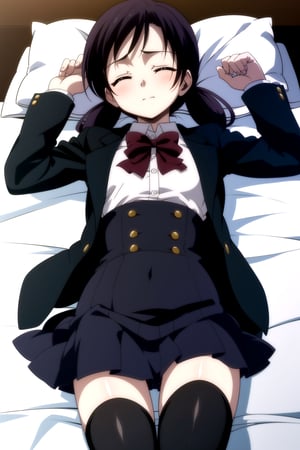 Highly detailed, High Quality, Masterpiece, beautiful,
BREAK 1girl, solo, (young woman), (16 old), roka kitsuregawa, short hair, (closed eyes:1.5), twintails, purple hair, 
BREAK skirt, thighhighs, school uniform, shoes, black thighhighs, zettai ryouiki, bow, red bow, pleated_skirt, black short sleeve jacket, (white shirt with long sleeves),
BREAK (bed),
BREAK looking_at_viewer, (lying in bed), (focus waist), closed_mouth,