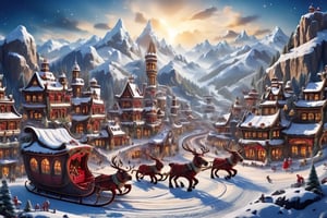 Christmas sleigh, Santa' sleigh, Christmas town in the mountain background.