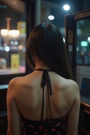 (Best quality, High resolution, Masterpiece :1.3)
bailing_film_style,Backless halter dress,
wong kar wai style,movie style,high saturation,film texture,night,girl,close up,half body,fuji 100mm,color temperature 3200k,8k,RAW photo,best quality,masterpiece,realistic,1girl,solo,backlighting,pure desire,cool color tone,
floating petals,small fresh style,skin texture,wide-angle lens,from_above,
Nights,vending machines,girls in loose suspenders.,bailing_model,hunart