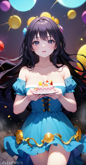 A girl falls onto a cream cake, causing the cream to splatter everywhere. As she lands, an explosion of candies and bubbles fills the air, floating all around her. The scene is whimsical and playful, with colorful sweets and shimmering bubbles creating a magical, dream-like atmosphere.