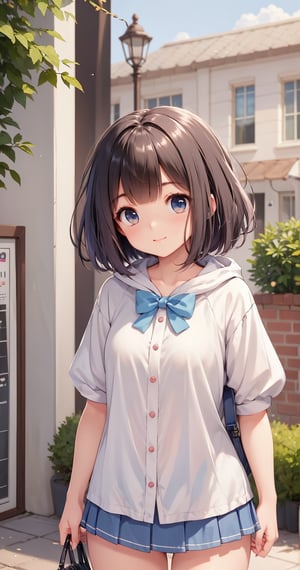 A young girl with short brown hair and bangs, wearing a white collared shirt with short sleeves and a pleated blue skirt, stands solo outdoors on a sunny day. Her large breasts are visible under her shirt, as she gazes directly at the viewer with a warm smile and closed mouth. A small mole under her eye catches attention, while her brown eyes sparkle with innocence. She wears a black bow tie around her neck and carries a bag by her side. The building or road in the background creates a sense of depth, while her v-shaped arms add to her youthful charm. Her bob-cut hair adds a touch of modernity to her classic school uniform look, as she radiates a subtle blush from within.