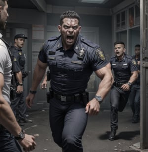 in the chaos  police station, a full bloody body of burly muscular zombie mutant young black Indonesian LAPD policeman, in black LAPD short sleeved uniform, and wearing a watch, with white eyes, then scream loudly raged and angry, unsteady running, potrait, 