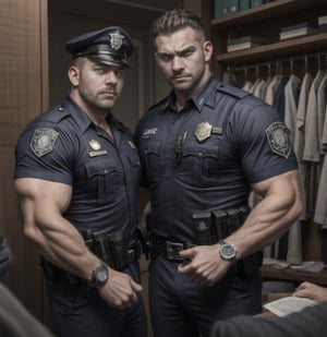 in the chaos guard room police station, two full bloody body of burly muscular zombie young LAPD policemen, in black LAPD short sleeved uniform, and wearing a watch, with white eyes,, raged and angry, then unsteady running, potrait, 