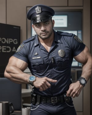 in the chaos  police station, a white eyes sexy burly muscular mutant young Indonesian LAPD policeman, in black LAPD short sleeved uniform, and wearing a watch on left hand, , running unsteady