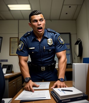 An abandoned police station, a muscular zombified LAPD male officer young Ronaldo
A low angle professional photo of messy duty room. There are many burly handsome Indonesian LAPD Policemen in navy summer uniform and a watch transform be a zombiie with Whiten eyes, raged, screaming out with a sliime foam from his mouth. Caused by sudden cardiac arrest. They're so weak on their working desk with head leaning on the back seat
handsome male,Portrait,
