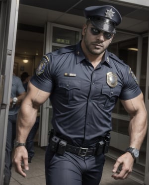 in the chaos  police station, a dead body of burly muscular mutant young Hispanic LAPD policeman, in black LAPD short sleeved uniform, and wearing a watch on left hand, with white eyes, running unsteady