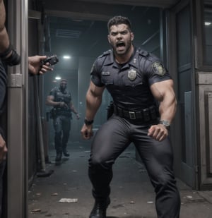 in the chaos  police station, a full bloody body of burly muscular zombie mutant young Hispanic LAPD policeman, in black LAPD short sleeved uniform, and wearing a watch, with white eyes, then scream loudly raged and angry, unsteady running, potrait, 