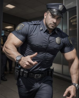 in the chaos  police station, a white eyes dead body of burly muscular mutant young Hispanic LAPD policeman, in black LAPD short sleeved uniform, and wearing a watch on left hand, , running unsteady