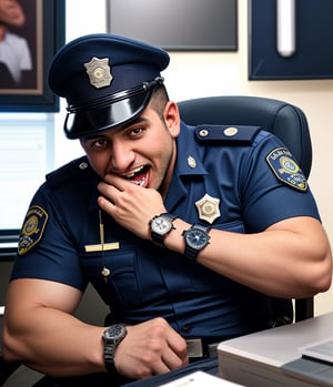 professional photo, on the messy working chair, the burly arabian 35's years old officers LAPD policemen with short hair, wearing navy blue short sleeve uniform and a watch passed out caused by sudden cardiac arrest, with white eyes, the head facing up, and foaming mouth.
handsome male,Portrait,
