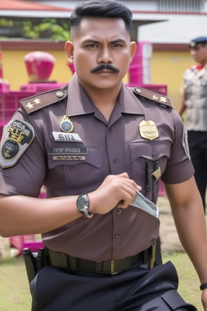 portrait close-up professional photography of abandoned police station, two named Asan and Adi is burly muscular Indonesian provost Policeman in tidy greyish summer uniform, black trousers, white holster, and watch. They're 40's like dry mummy. they're laying Sat on the mess work desk chair weakly with white eyes and opened vomit foamy mouth. cause : sudden cardiac arrest. They collapsed when they still work with their head laying on the table facing to computer,man,looking at the viewer