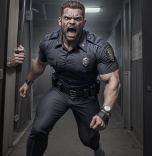 in the chaos  police station, a full bloody body of burly muscular zombie mutant young Caucasian LAPD policeman, in black LAPD short sleeved uniform, and wearing a watch, with white eyes, then scream loudly raged and angry, unsteady running, potrait, 