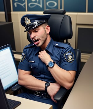 professional photo, on the messy working chair, the burly arabian 35's years old officers LAPD policemen with short hair, wearing navy blue short sleeve uniform and a watch passed out caused by sudden cardiac arrest, with white eyes, the head facing up, and foaming mouth.
handsome male,Portrait,
