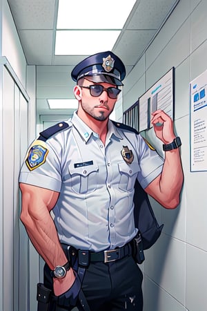 MESSY OFFICE CORRIDOR,  STOCKY MUSCULAR iNDONESIAN PROVOST POLICEMAN WHILE BANGING IN TIDY GREYISH SUMMER SHORT SLEEVED UNIFORM , BLACK TROUSERS, WHITE HOLSTER, AND WEARING A WATCH IN AIMLESSLY CONDITION  WITH WHITEN EYES, SPIT DRIP OUT FROM OUT. HE'S LIKE DRY ZOMMBIE