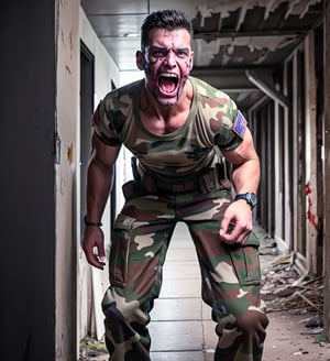 Photo Realistic, Death, bloody, bie wound, U.S army, tidy full  Camouflage uniform, Combat camouflage trousers, a watch . full uniformed, cruel, raged, cannibal, zombies, attacking pose, muscular, opened dead white eyes ,4D, professional photography of abandoned barrack, a burly muscular Army with whiten eyes and foamy mouth  They unsteady walking, the body full of rush, realistic bite wounded, and realistic bloody, scream in rages with whiten eyes, standing body, raged, screaming out in the night duty room. according to the country style, fit and muscular, handsome look with perfect skin, hair, and teeth"32k, Premium hair, cunning smile, Very handsome hair design, city Background, full body image, front face, front look, full pose, rugged look, detailed face, 8k resolution, painted, ultra hd, realistic, UHD,Portrait