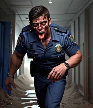 An abandoned police station, a muscular zombified LAPD male officer young Kaka
 in navy blue summer uniform and a watch with vomit dripped from his mouth, zombie white eyes. he's taken and possessed by white vomit that infect his mouth. He's with blood and vomiting slime parasite, thwn he vomit and staggering running then attack,
handsome male,Portrait,Close-up
