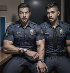 in the chaos  police station, two body of burly muscular mutant young Hispanic LAPD policeman, in black LAPD short sleeved uniform, and wearing a watch, with white eyes, found lied dead and sat down at the corner with opened mouth 