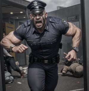 in the chaos  police station, a full bloody body of burly muscular zombie mutant young black african LAPD policeman, in black LAPD short sleeved uniform, and wearing a watch, with white eyes, then scream loudly raged and angry, unsteady running, potrait, 