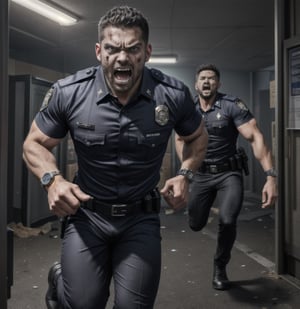 in the chaos  police station, a full bloody body of burly muscular zombie mutant young black Indonesian LAPD policeman, in black LAPD short sleeved uniform, and wearing a watch, with white eyes, then scream loudly raged and angry, unsteady running, potrait, 