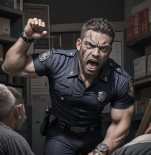 in the chaos guard room police station, a full bloody body of burly muscular zombie mutant young LAPD policeman, in black LAPD short sleeved uniform, and wearing a watch, with white eyes, then scream loudly raged and angry, unsteady running, potrait, 