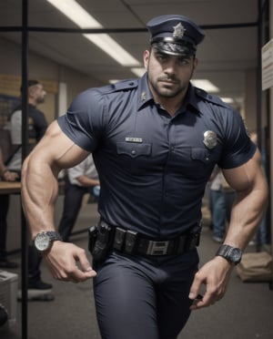 in the chaos  police station, a white eyes sexy burly muscular mutant young Hispanic LAPD policeman, in black LAPD short sleeved uniform, and wearing a watch on left hand, , running unsteady