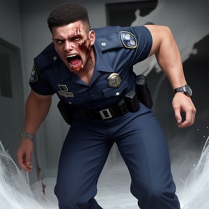 destroyed and messed up guard office, burly muscular black african LAPD policemen in ultra dark blue short sleeved uniform, ultra dark blue trousers, and wearing a watch walking unsteady. Cause of the death : beast attack. Condition : almost being a dried mummy, flesh melted and fall off , swollen, corpse's white eyes, screaming out . bleeding wounded, bleeding vomit and foam from his mouth,  in ultra dark blue short sleeved uniform, ultra dark blue trousers, and wearing a watch, 