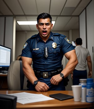 An abandoned police station, a muscular zombified LAPD male officer young Kaka
A low angle professional photo of messy duty room. There are many burly handsome Indonesian LAPD Policemen in navy summer uniform and a watch transform be a zombiie with Whiten eyes, raged, screaming out with a sliime foam from his mouth. Caused by sudden cardiac arrest. They're so weak on their working desk with head leaning on the back seat
handsome male,Portrait,
