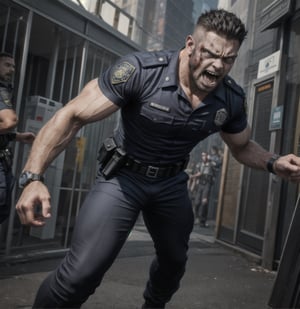 in the chaos  police station, a full bloody body of burly muscular zombie mutant young black Indonesian LAPD policeman, in black LAPD short sleeved uniform, and wearing a watch, with white eyes, then scream loudly raged and angry, unsteady running, potrait, 