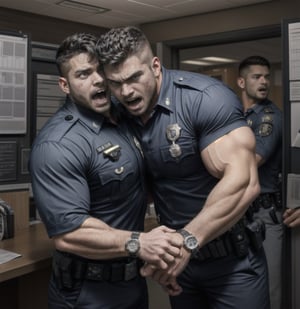 in the chaos  police station, two body of burly muscular mutant young Hispanic LAPD policeman, in black LAPD short sleeved uniform, and wearing a watch, with white eyes, gropping each others then scream loudly raged and angry, then one of them bite the neck's other