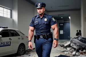 destroyed and messed up guard office, two burly muscular black african LAPD policemen in ultra dark blue short sleeved uniform, ultra dark blue trousers, and wearing a watch walking unsteady.   in ultra dark blue short sleeved uniform, ultra dark blue trousers, and wearing a watch, 
