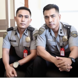 portrait close-up professional photography of abandoned police station, two named Asan and Adi is burly muscular Indonesian provost Policeman in tidy greyish summer uniform, black trousers, white holster, and watch. They're 40's like dry mummy. they're laying Sat on the mess work desk chair weakly with white eyes and opened vomit foamy mouth. cause : sudden cardiac arrest. They collapsed when they still work with their head laying on the table facing to computer,man,looking at the viewer