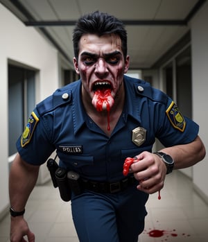 An abandoned police station, a muscular zombified LAPD male officer young Kaka
 in navy blue summer uniform and a watch with vomit dripped from his mouth, zombie white eyes. he's taken and possessed by white vomit that infect his mouth. He's with blood and vomiting slime parasite, thwn he vomit and staggering running then attack,
handsome male,Portrait,Close-up
